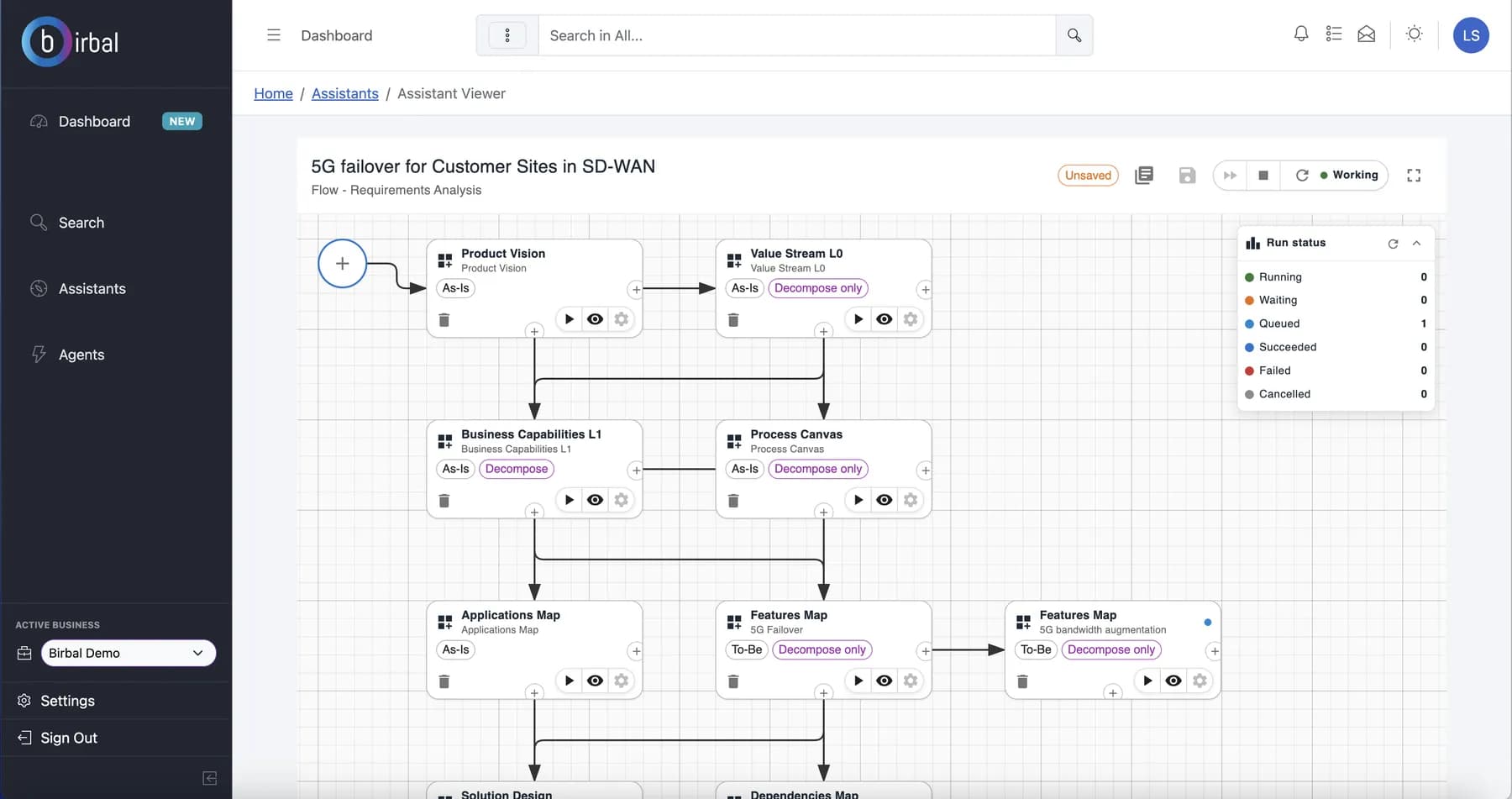 Birbal assistant viewer: an agentic requirements-analysis flow with human-in-the-loop run status