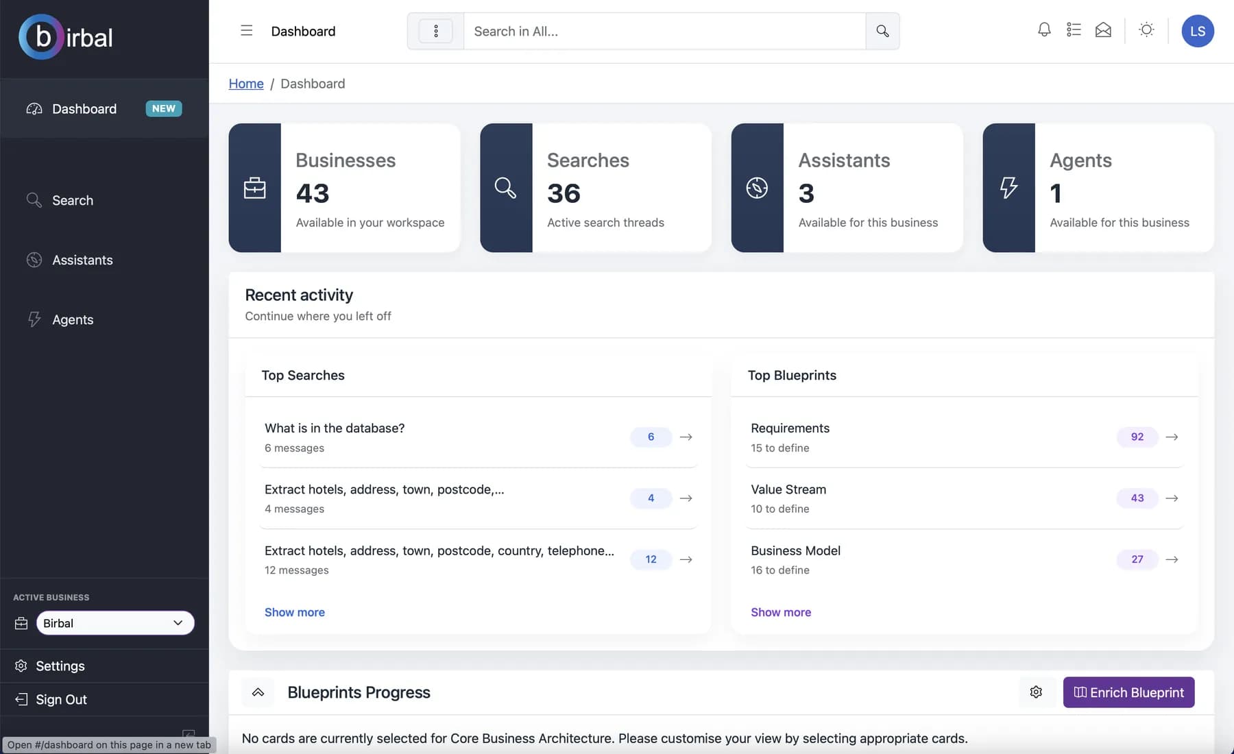 Birbal dashboard: businesses, searches, assistants and agents available across the workspace