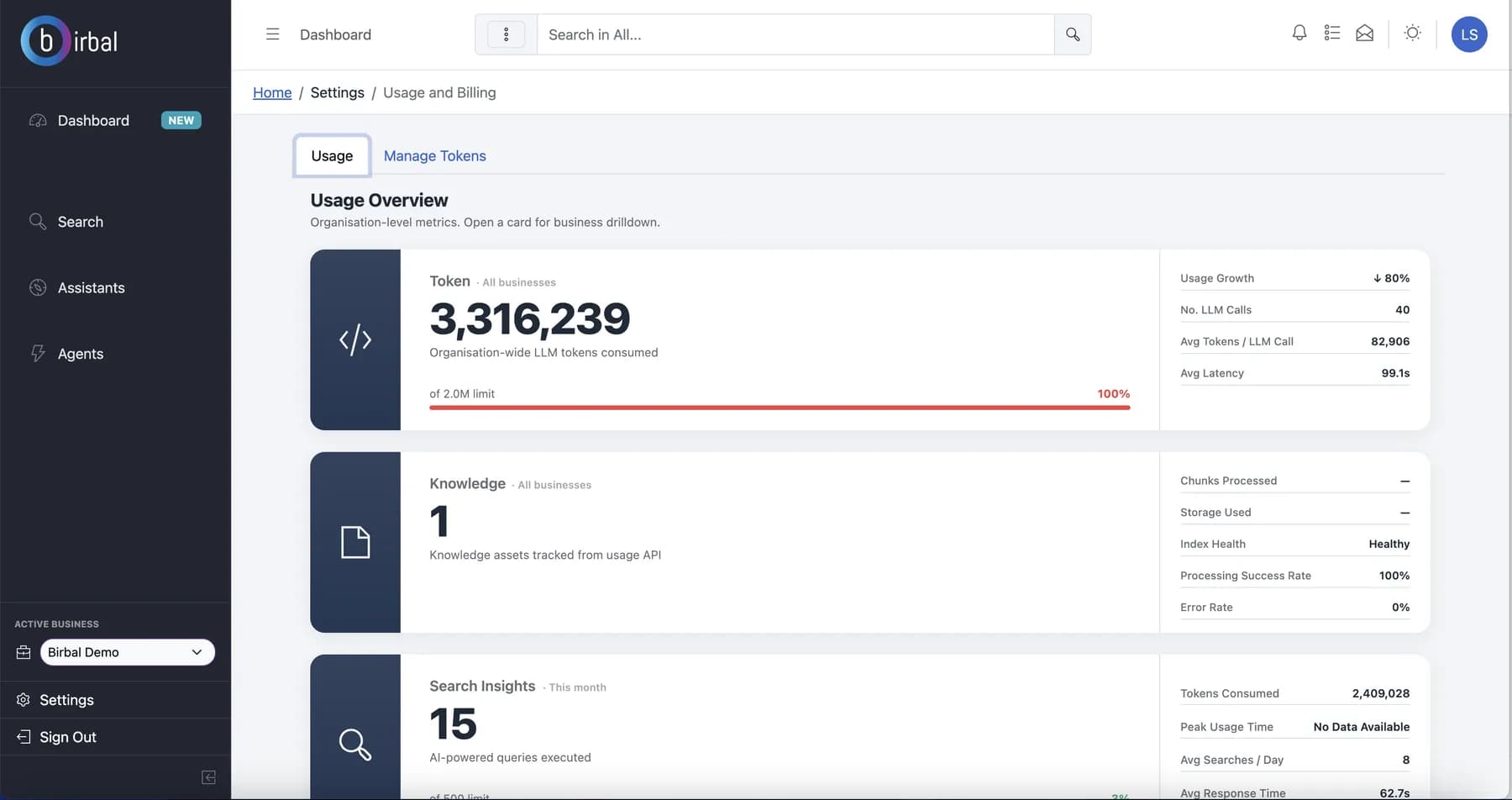 Birbal usage overview: organisation-wide token consumption, LLM calls and knowledge metrics