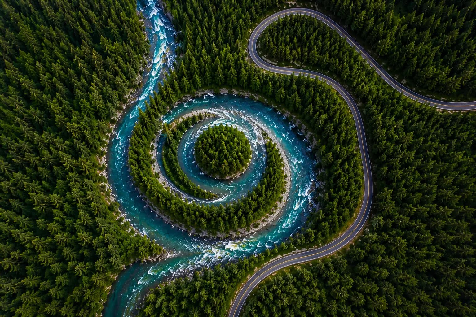 Vue aérienne d'une rivière en spirale au cœur d'une forêt, traversée par une route sinueuse